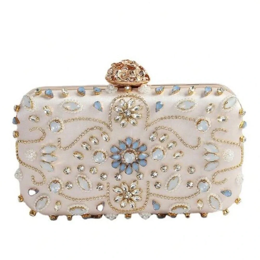 Embellished Ivory Crystal Evening Clutch with Gold Chain